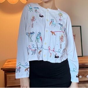 One-of-a-kind Whimsical Storybook Dog White Long Sleeve Sweatshirt Embroidered M